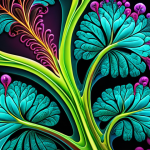 **Organic Algorithmic Art:** A vibrant, photorealistic image showcasing a digital artwork that blends natural organic forms (inspired by fractals, plant growth, or animal movement) with technological elements (glowing algorithmic patterns, digital textures). The artwork should evoke a sense of wonder and highlight the fusion of nature and technology in art. Consider a color palette inspired by nature (greens, blues, browns) contrasted with digital colors (neon blues, electric purples).