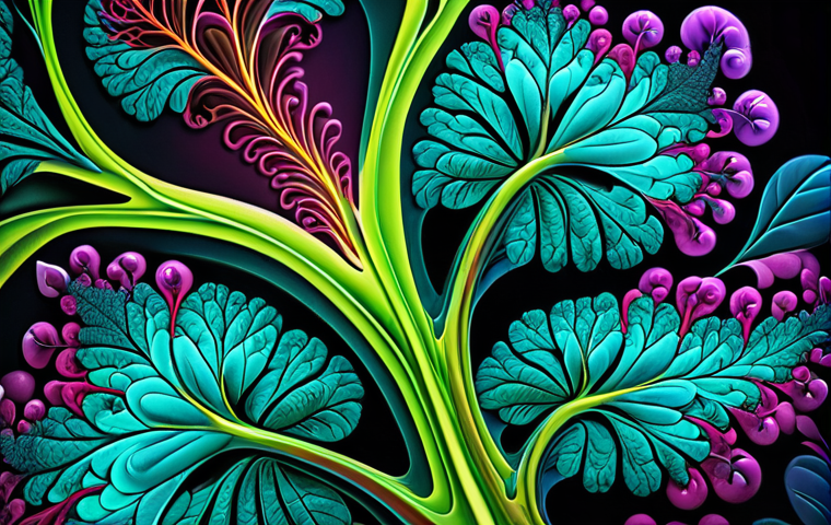 **Organic Algorithmic Art:** A vibrant, photorealistic image showcasing a digital artwork that blends natural organic forms (inspired by fractals, plant growth, or animal movement) with technological elements (glowing algorithmic patterns, digital textures). The artwork should evoke a sense of wonder and highlight the fusion of nature and technology in art. Consider a color palette inspired by nature (greens, blues, browns) contrasted with digital colors (neon blues, electric purples).